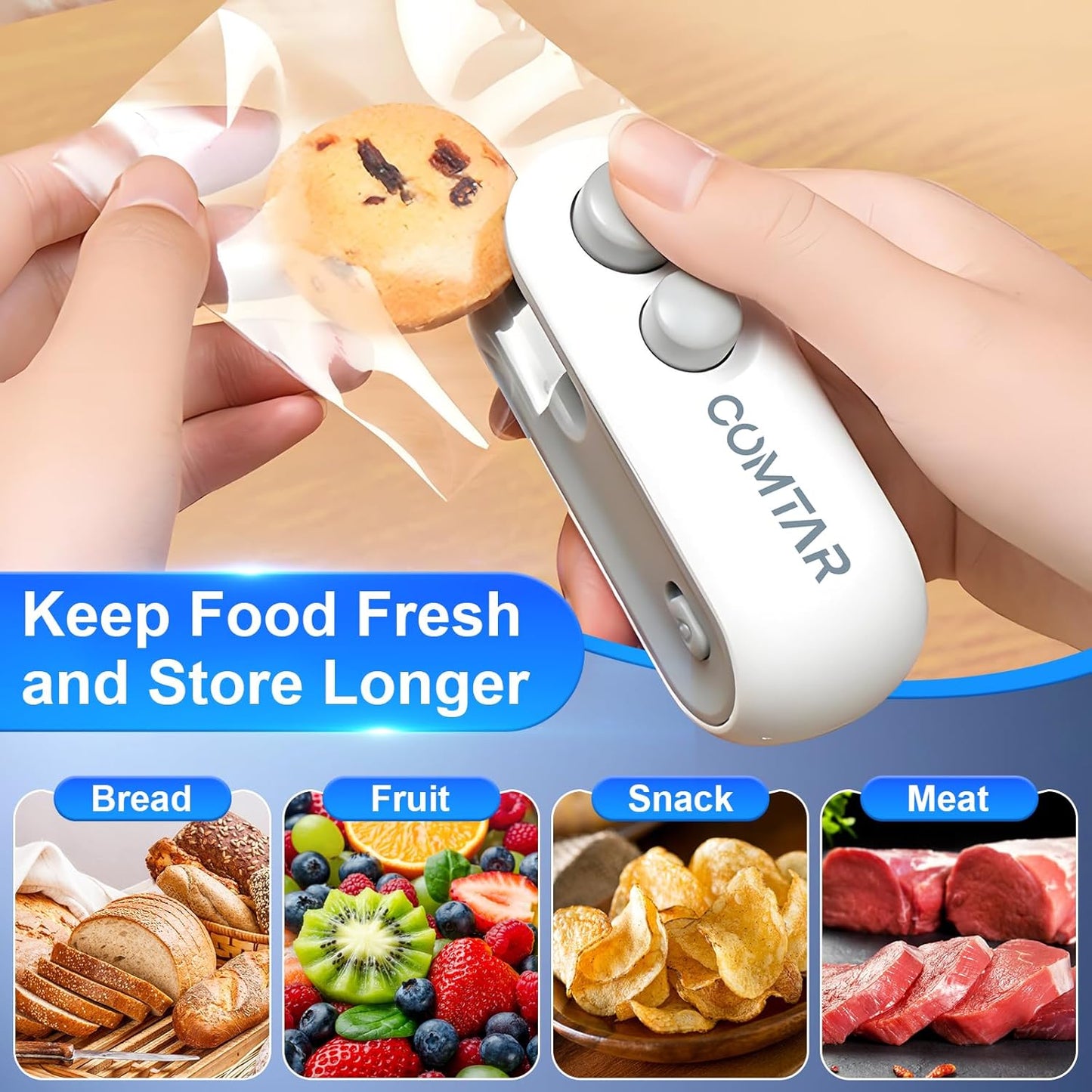 2In1 Rechargeable Chip Bag Sealer with Cutter, Portable USB C Heat Sealer Resealer Machine for Chip, Plastic Bags Heat Seal Tool for Snacks (White)