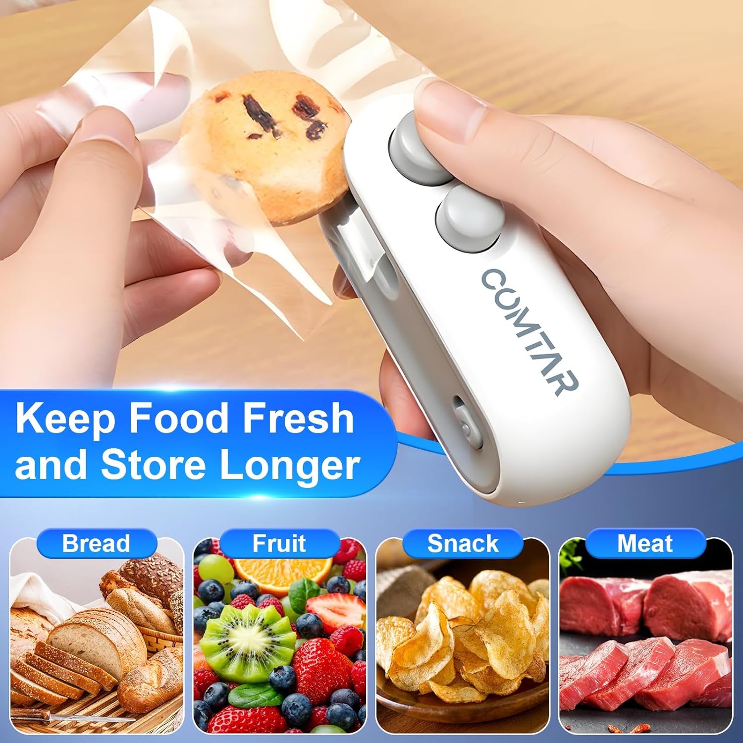 2In1 Rechargeable Chip Bag Sealer with Cutter, Portable USB C Heat Sealer Resealer Machine for Chip, Plastic Bags Heat Seal Tool for Snacks (White)