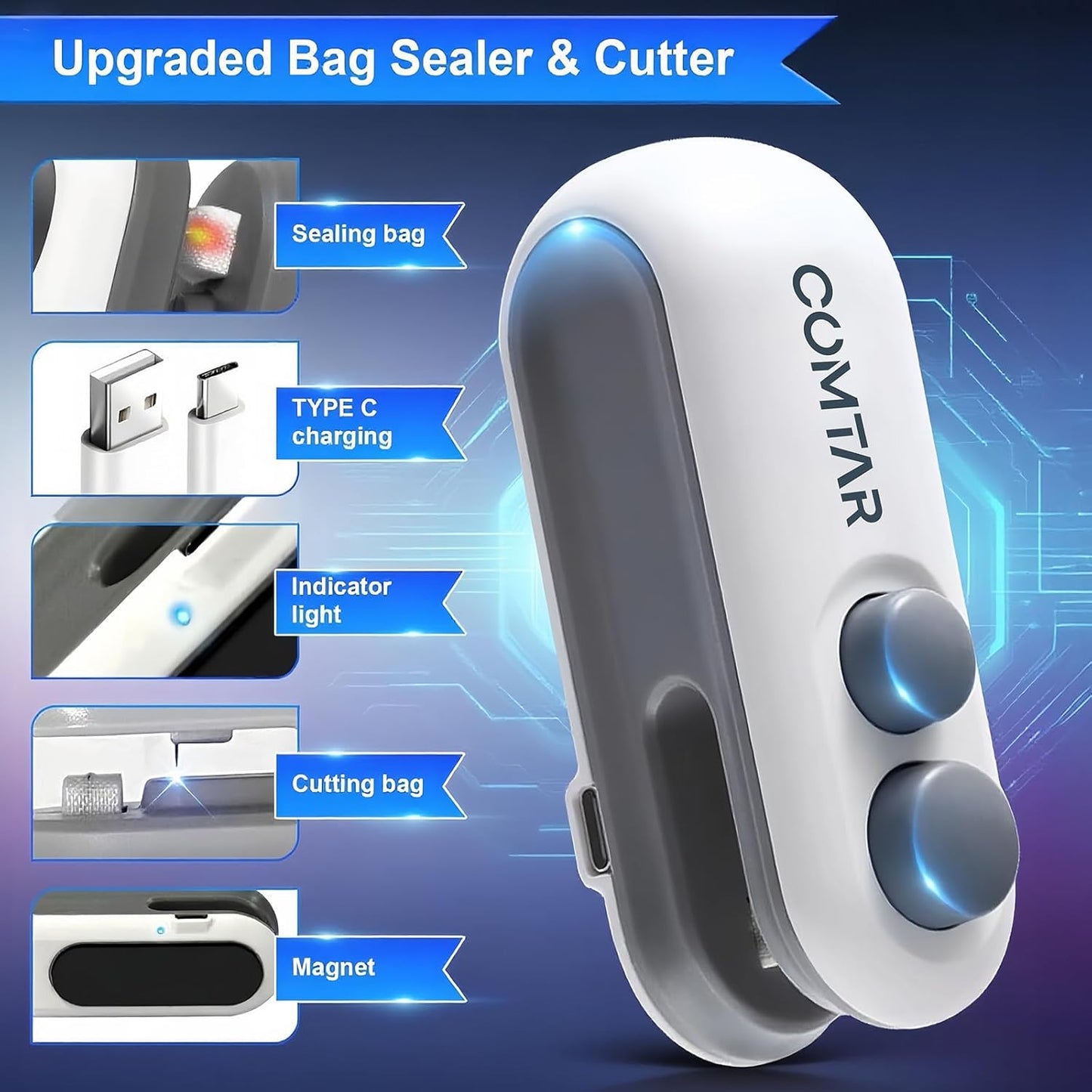 2In1 Rechargeable Chip Bag Sealer with Cutter, Portable USB C Heat Sealer Resealer Machine for Chip, Plastic Bags Heat Seal Tool for Snacks (White)