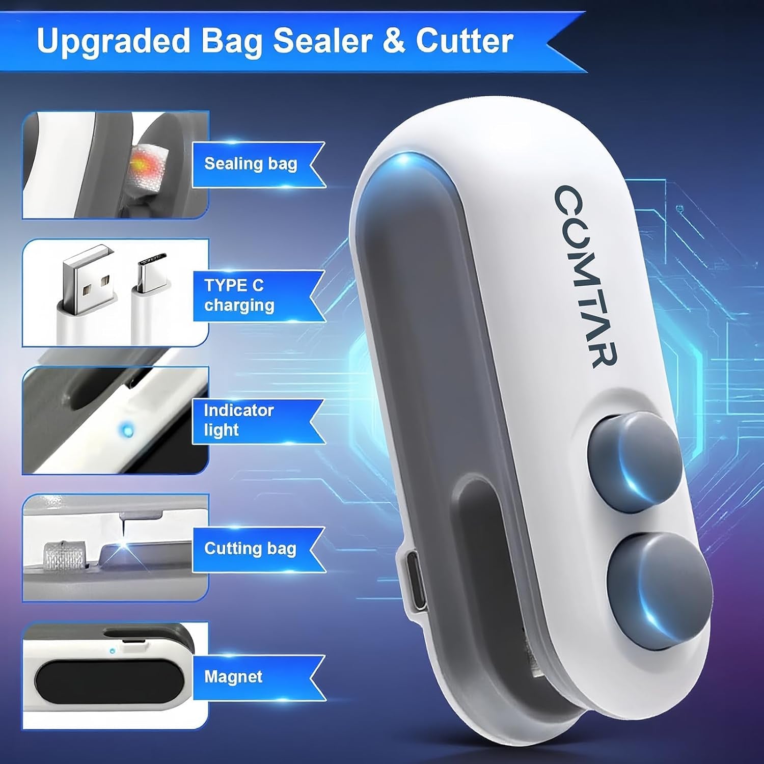 2In1 Rechargeable Chip Bag Sealer with Cutter, Portable USB C Heat Sealer Resealer Machine for Chip, Plastic Bags Heat Seal Tool for Snacks (White)